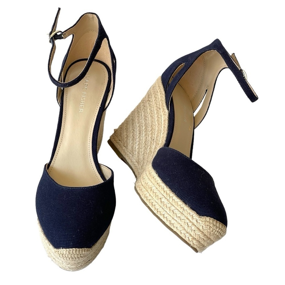 Marc Fisher Womens Navy Blue Wedge Sandals Platform Heels Sling Teelan, Sz 9.5M